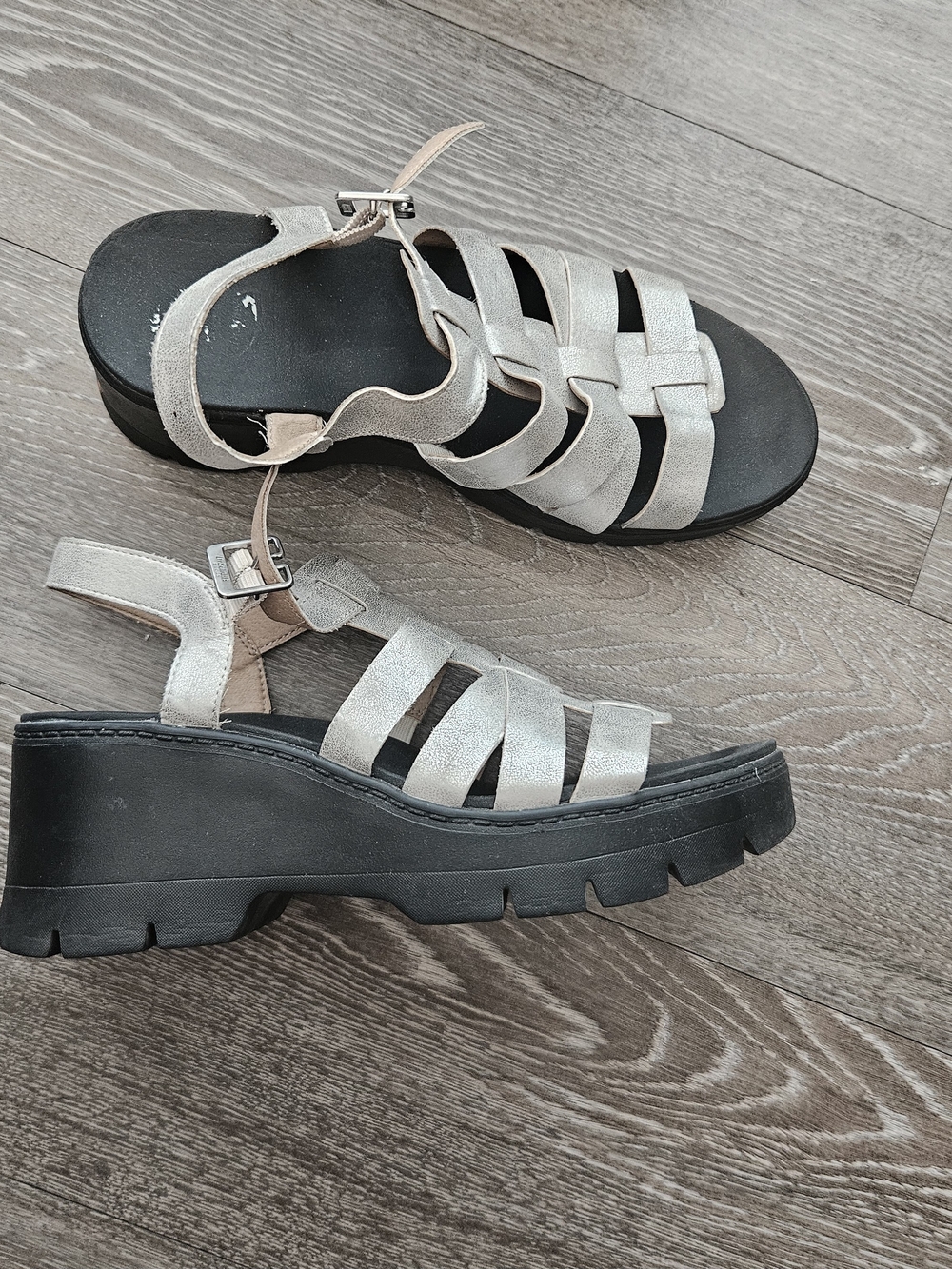 Dr. Scholl's Silver Woven Platform Sandals with Black Lug Sole